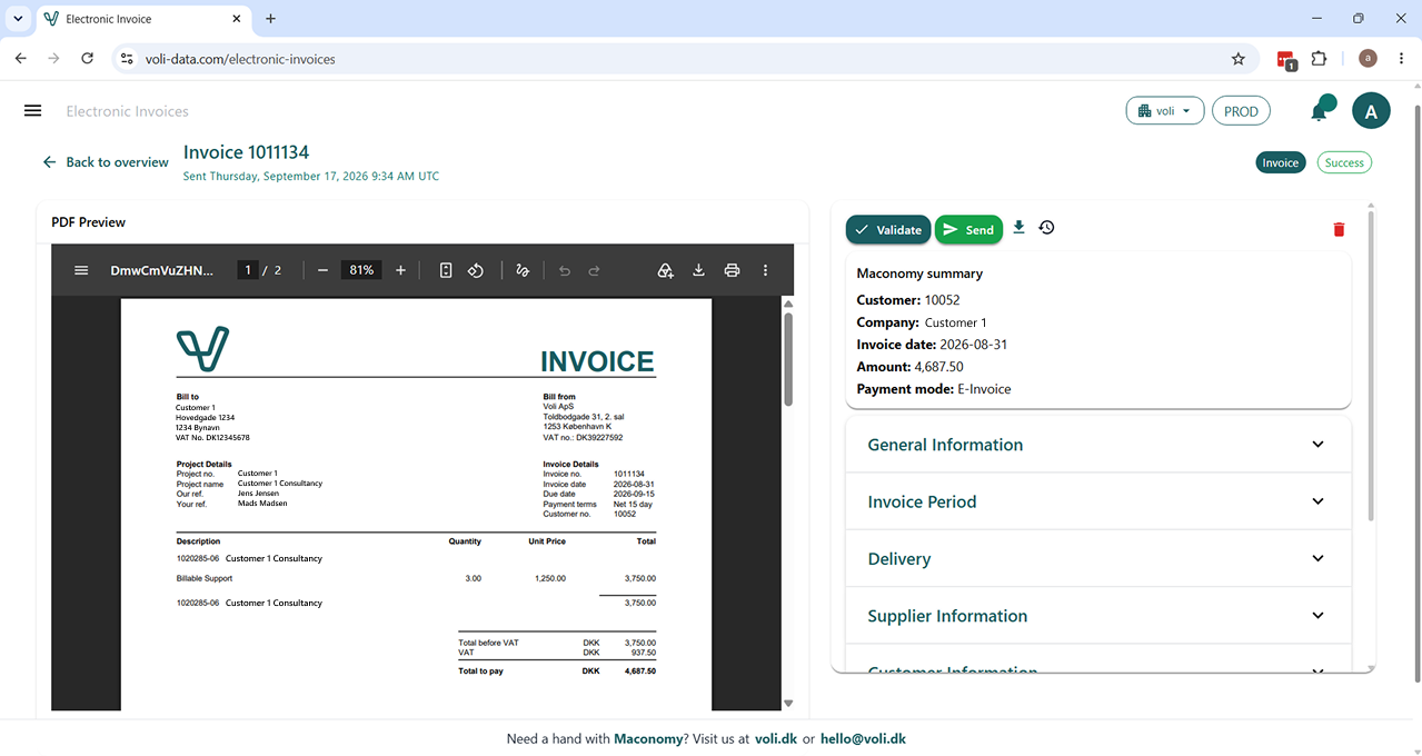 Electronic invoice detail view with PDF preview and invoice data sections